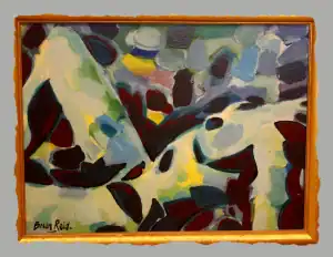 Bold, colourful painting by Brian A Reid showing a reclining nude figure composed of thick brushstrokes in red, yellow, blue, and white. The work is framed in a rough gold-painted frame.
