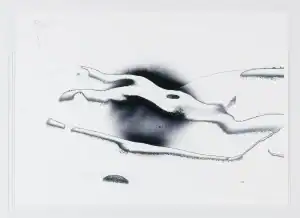 Minimalist monochrome image by Brian A Reid of a reclining nude, rendered in soft gradients and fine linework. The figure blends into a pale, almost empty background.