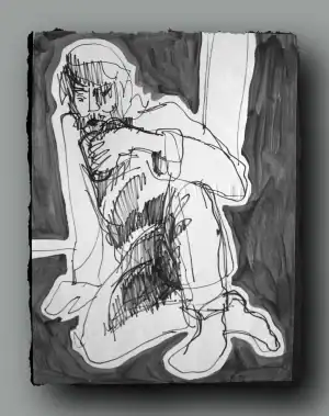 Expressive black ink and wash drawing by Brian Reid showing a crouching figure in motion, sketched with loose, layered lines against a dark, shaded background. The figure appears introspective, adding emotional depth to the minimalistic style.