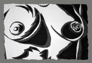 Close-up black and white graphic artwork by Brian Reid with stylised eyes and abstract curves that evoke a surreal facial expression. Bold, sharp-edged forms give the piece a dynamic, high-contrast intensity.