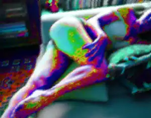 Colour-manipulated nude figure by Brian Reid reclining on a lounge, rendered in high-contrast rainbow hues with a grainy texture. The stylised treatment creates an almost psychedelic effect, blending form with background detail.