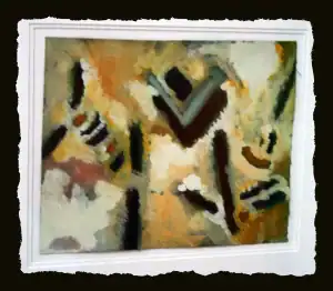 An abstract expressionist painting by Brian Reid framed in white, with soft, earth-toned patches and scattered dark marks. The artwork has a textured, organic quality with a sense of primitive symbolism or gestural spontaneity.