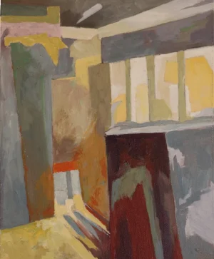 Muted acrylic interior built from grey olive cream ochre and burgundy blocks. A narrow bright passage near the lower left draws the eye through darker surrounding structures.