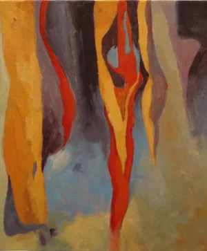 Abstract acrylic composition built from long vertical bands of golden yellow muted blue grey red and deep purple. The forms narrow and widen as they descend creating a passage of colour through the centre of the canvas.