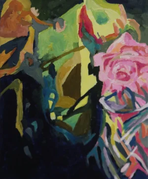 crylic painting with a large pink rose emerging from energetic passages of green yellow blue and near black. Loose surrounding forms suggest leaves vessels and interior objects without resolving completely into a single scene.