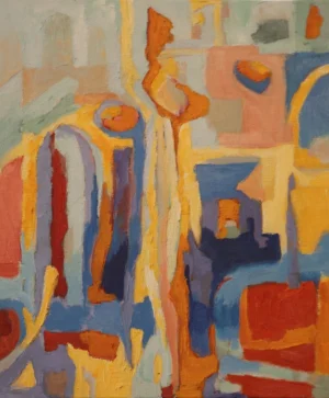 Abstract acrylic painting in pale blue yellow orange coral and violet with tall irregular forms rising through the composition. The loosely defined shapes suggest buildings objects and pathways recalled without complete detail.