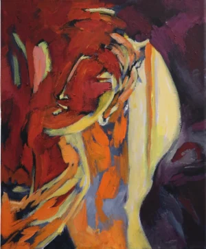 Expressive acrylic portrait of a woman resting her head on one hand. Her face and body are painted in intense red orange yellow and violet against a deep burgundy background giving the figure a reflective inward mood.