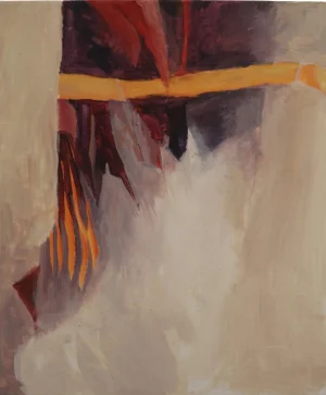 Minimal acrylic painting with a large field of soft cream and beige beneath deep burgundy and purple forms. A single horizontal golden band crosses the upper section while small orange strokes interrupt the quiet pale space.