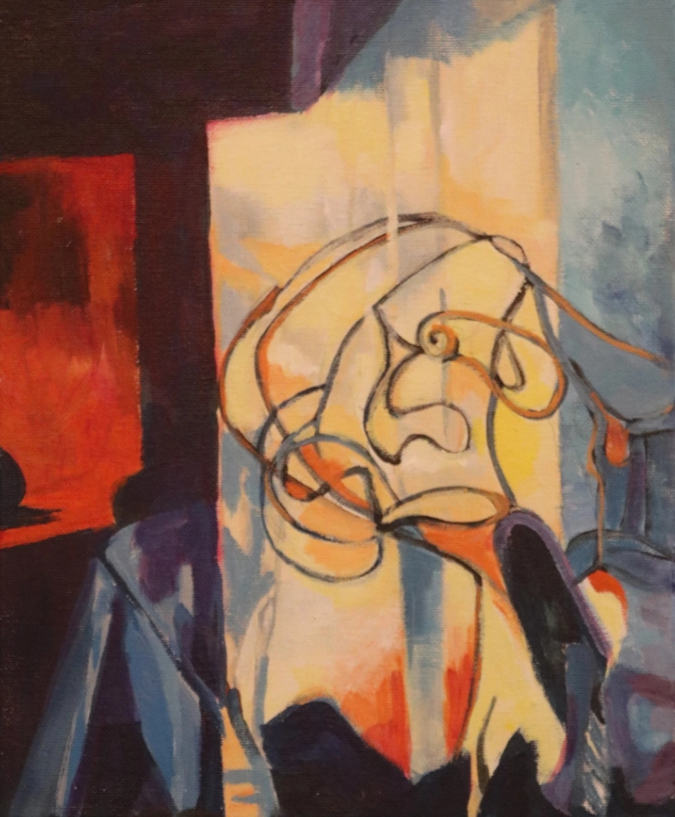 Expressive acrylic design formed from looping black lines and areas of cream orange blue purple and deep burgundy. It appears only partly resolved as features overlap and drift into surrounding colour.