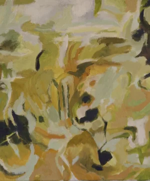 Pale green and yellow acrylic painting with loosely layered cream olive peach and dark brushstrokes. Soft organic shapes gather around the centre without becoming fully recognisable giving the work the feeling of a memory still forming.