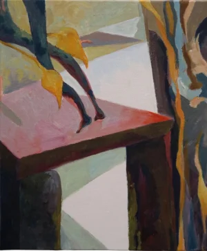 Abstract acrylic painting by Blue Mountains artist Pennie Steele with muted green blue brown yellow and pink forms arranged around a pale central area. Dark vertical shapes and soft blocks of colour create a sense of shifting space and light without resolving into recognisable objects.