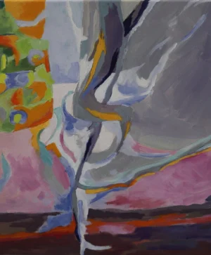 Close cropped acrylic composition with large grey and violet curved forms against pink blue and dark burgundy areas. Small bright orange green and blue shapes at the edge contrast with the dominant soft grey form and make the spaces between objects feel unusually intimate.