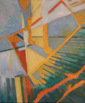 Acrylic on canvas with diagonal orange lines cutting across fields of pale blue yellow green and teal. The intersecting forms create the sensation of several architectural viewpoints overlapping at once.