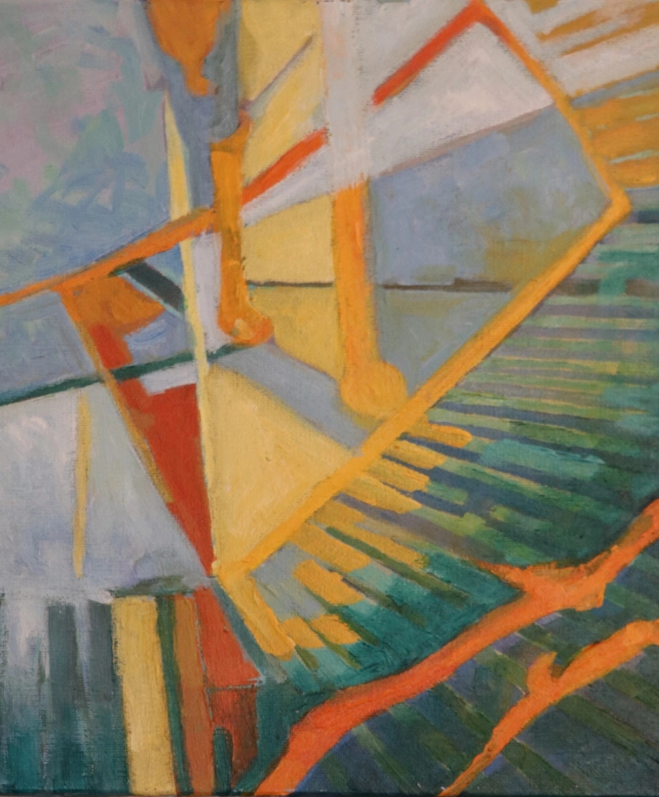 Acrylic on canvas with diagonal orange lines cutting across fields of pale blue yellow green and teal. The intersecting forms create the sensation of several architectural viewpoints overlapping at once.
