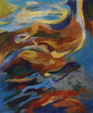Expressive acrylic painting from the SteelReid series with sweeping blue brown orange yellow green and violet forms flowing across the canvas. Curved strokes fold into one another like a continuous stream with no clear beginning or end.