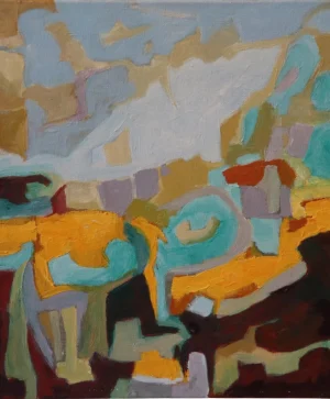 Softly coloured acrylic by Blue Mountains artist Pennie Reid using turquoise ochre pale blue lavender and deep brown. Rounded and block like forms suggest a landscape or collection of distant objects dissolving into one another.