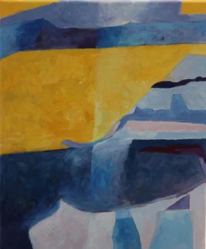 Acrylic on canvas by Pennie Steel with broad areas of golden yellow blue lavender and deep navy arranged in layered abstract shapes. The forms suggest a fleeting small moment between observations where one colour and shape gives way to the next without resolving into a literal scene.