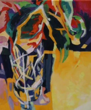 Abstract acrylic painting with loose areas of yellow green blue orange red and deep navy. Organic shapes gather around a dark central space while lighter colours push outward creating a sense of movement between foreground and background.