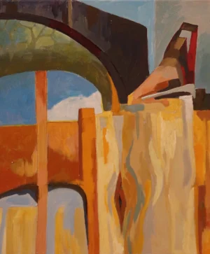 Abstract architectural acrylic painting with a broad dark arch crossing a pale blue sky and warm ochre structures below. Vertical orange forms and angular roof shapes create a layered sense of depth and enclosure.