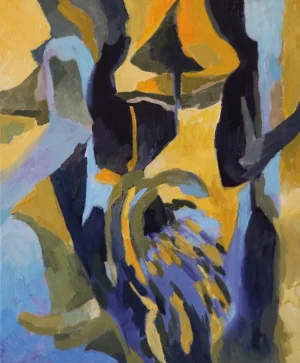 Abstract acrylic composition dominated by golden yellow deep navy pale blue and olive green. Tall dark forms surround a central cluster of curved blue purple and yellow marks creating the sense of something momentarily held between larger shapes.