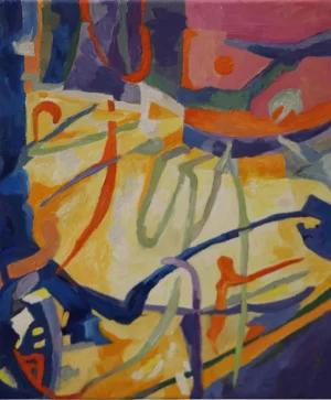Bright acrylic composition filled with sweeping lines and irregular fields of yellow orange blue purple green and pink. The marks overlap and cross the canvas like several strands of thought happening at once.