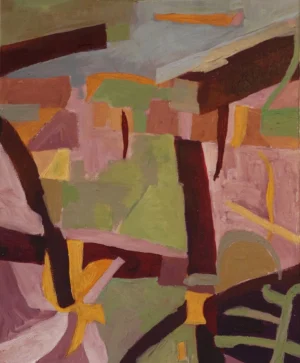 Abstract acrylic painting in dusty pink muted green burgundy grey and yellow. Broken geometric forms overlap across the canvas with no single fixed perspective creating an interior that seems to shift as it is viewed.