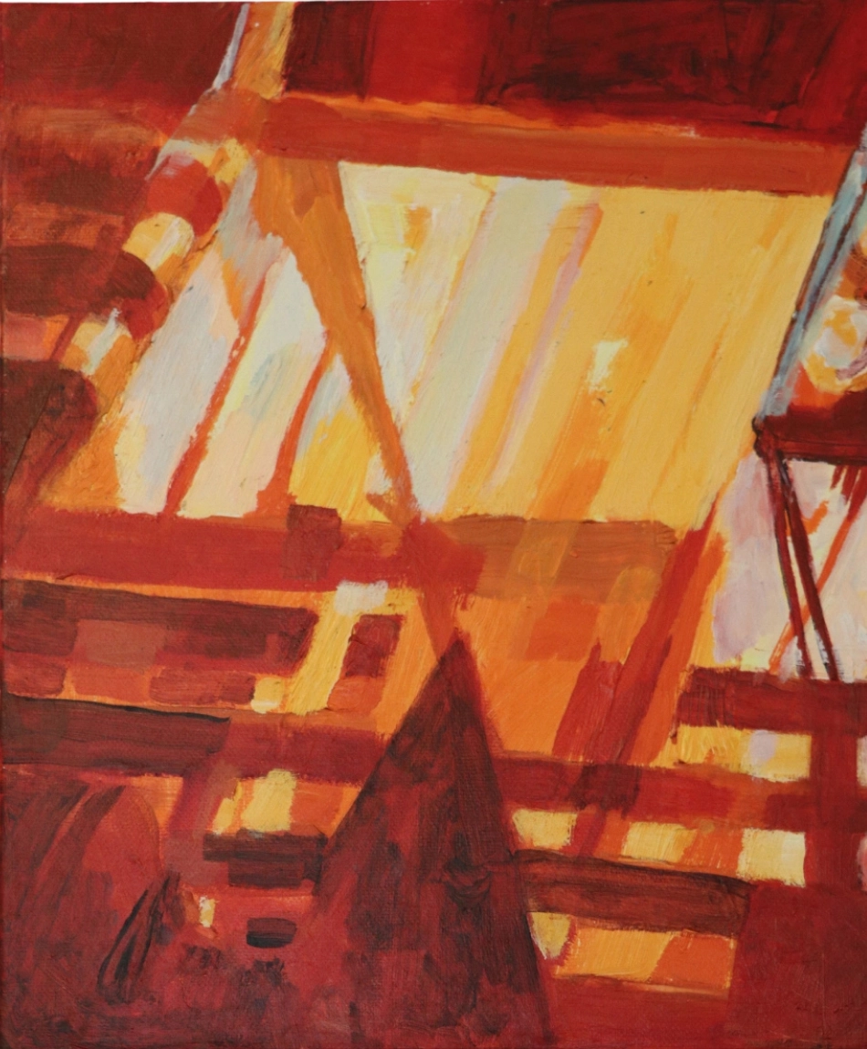 Warm acrylic composition of red orange yellow and cream intersected by beams and angular structural forms. Bright light appears to pour through the centre while darker shapes gather around the edges.