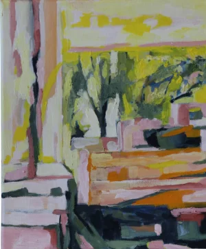 Acrylic painting of an interior looking toward a bright space with lines beyond. Soft pink cream yellow green and dark blue forms overlap across flat planes and the view.