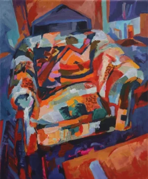 Expressive acrylic painting of a large patterned space surrounded by an intensely coloured interior. Red orange turquoise purple green and blue brushstrokes break the space into fragments while still preserving its familiar shape.