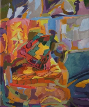 Colourful acrylic painting of an upholstered armchair interpreted through blocks of red orange green blue purple and yellow. The chair sits within an equally energetic interior so that furniture pattern and surrounding space seem to merge together.