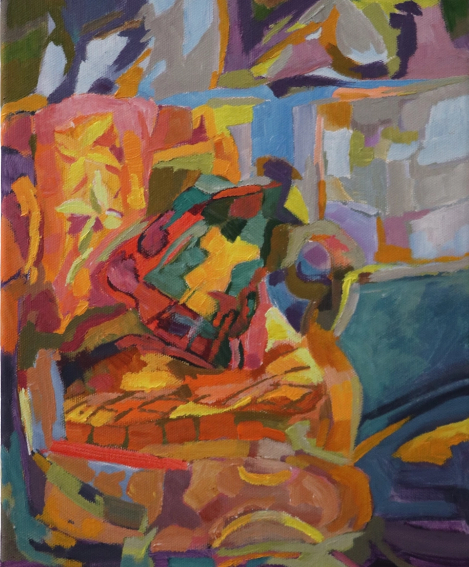 Colourful acrylic painting of an upholstered armchair interpreted through blocks of red orange green blue purple and yellow. The chair sits within an equally energetic interior so that furniture pattern and surrounding space seem to merge together.