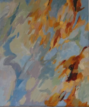 Acrylic on canvas filled with sweeping pale blue grey orange yellow and rust brushstrokes moving diagonally across the surface. The loose marks create a sense of light colour and thought passing rapidly through the composition.