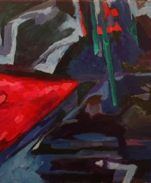 Dark acrylic composition dominated by navy black violet and a large vivid red angular shape. Vertical green and red marks rise through the centre while fragmented pale blue forms appear at the edges creating a tense pause between areas of colour.