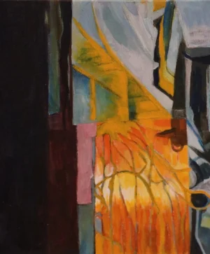 Acrylic painting divided between a nearly black burgundy field and a dense cluster of orange yellow blue pink and grey forms. Curving lines gather around the bright central area while the dark space at left remains almost completely still.