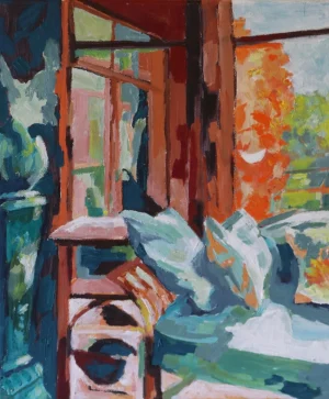 Expressive interior by Blue Mountains artist Pennie Steel with red brown frames opening toward bright orange and green. Blue green and pale forms fill the foreground while we see a connection between internal and external.