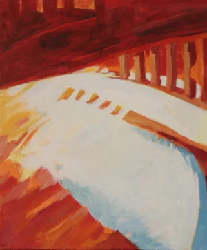 Acrylic painting dominated by a broad pale blue curved form surrounded by deep red orange and warm yellow. Repeated upright marks along the upper edge create a rhythm that leads the eye around the open central space.