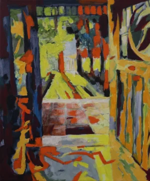 Expressive acrylic painting of a passage rendered in vivid yellow orange green blue and dark burgundy. The view pulls inward through layered architectural shapes creating the sensation of moving from one space or idea into another.