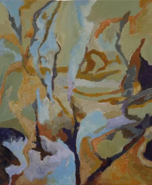 Loose acrylic composition in pale green blue ochre violet and brown with fluid organic marks moving vertically through the canvas. Forms emerge briefly from the muted colour before dissolving back into the surrounding space.