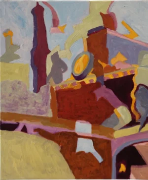 Acrylic on canvas with overlapping burgundy purple grey yellow and muted green forms. Rounded and angular shapes gather densely across the surface like objects remembered in fragments rather than seen all at once.