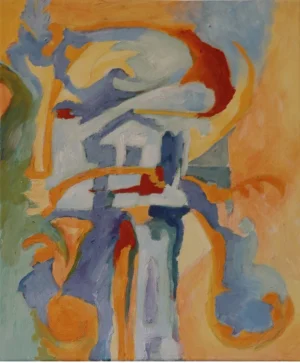 Acrylic on canvas by Pennie Steel with curling forms of pale blue orange red green and lavender moving across a warm yellow ground. Rounded shapes emerge and dissolve into one another like a thought changing as it unfolds.