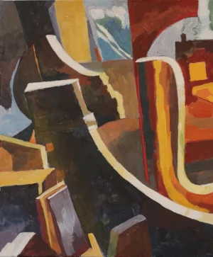 Dark acrylic composition of looping cream lines and angular brown orange yellow and blue forms. The curving pathways travel through fragmented structures as though a thought is circling back on itself.