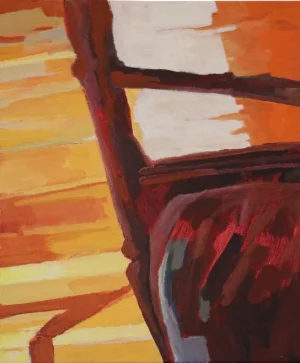 Acrylic on canvas with glowing yellow and orange areas divided by deep burgundy lines and a dark curved form at lower right. The close cropped composition by Pennie Steel turns an ordinary interior structure into a study of warmth shadow and the space between edges.