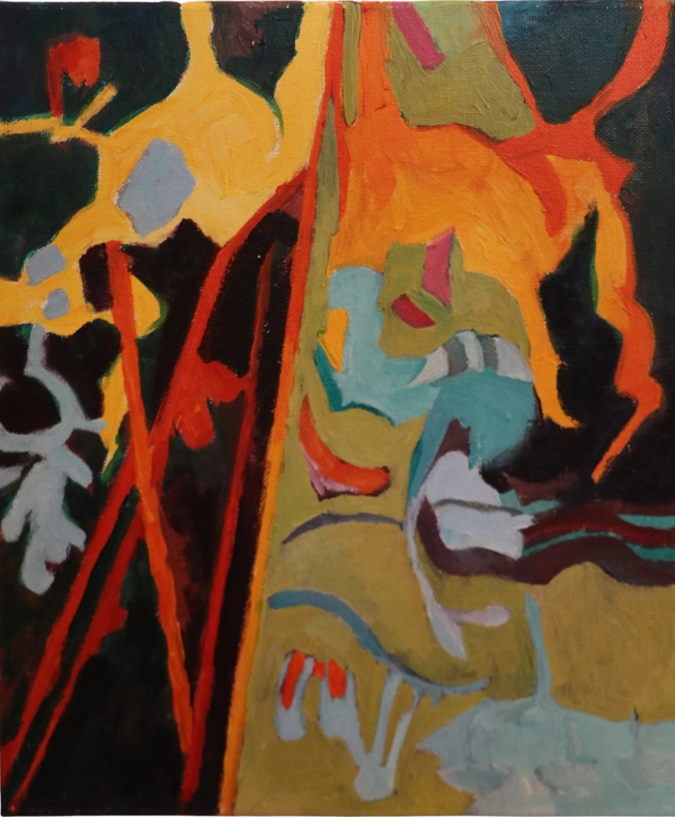 Energetic abstract acrylic painting with orange yellow turquoise olive and pale blue forms floating against areas of near black. Long red and orange lines divide the composition while organic shapes seem to move between them.