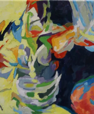 Acrylic painting by Katoomba artist Pennie Steel with swirling yellow green grey orange and blue forms surrounding a large area of deep navy. The shapes appear to gather and separate around the dark space like thoughts forming and dissolving.
