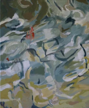 Abstract acrylic painting in muted sage green grey blue cream and ochre with a few small red accents. Loose curved brushstrokes overlap across the canvas creating the feeling of visual fragments remembered rather than clearly defined.